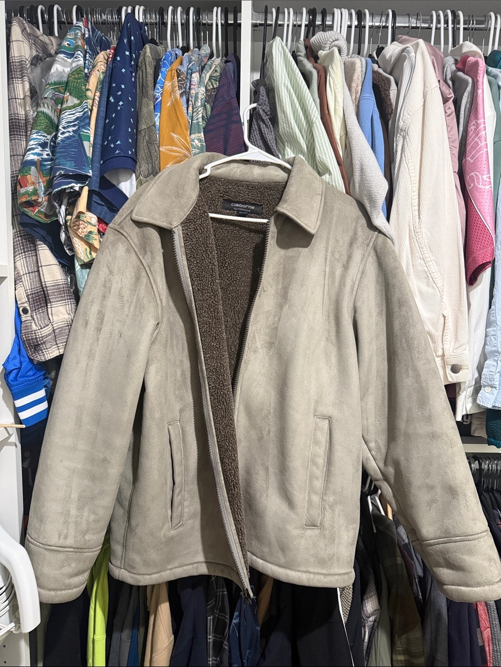 Claiborne Taupe Suede-Look Sherpa-Lined Bomber Jacket